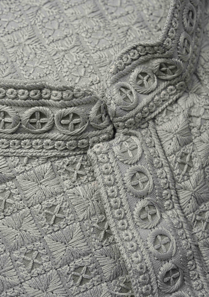 Men's Chikankari Embroidered Grey Kurta and Pajama Set  | Made to Order