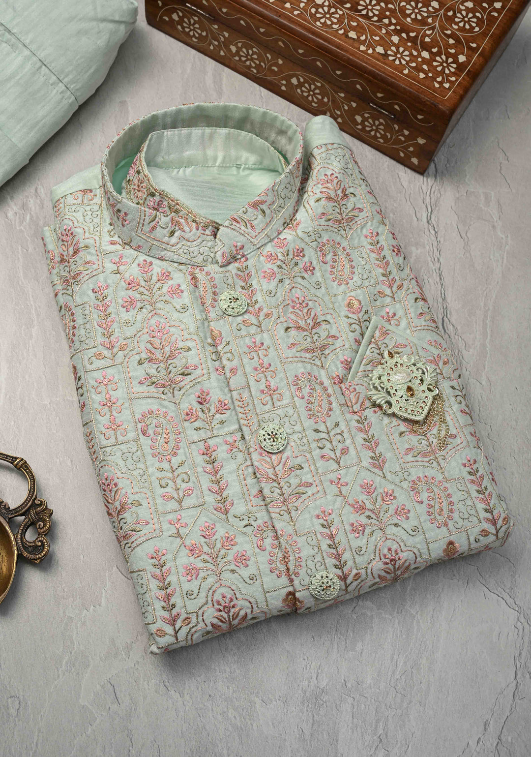 Men's Mint Green Kurta with Embroidered Nehru Jacket and Pajama Set  | Made to Order