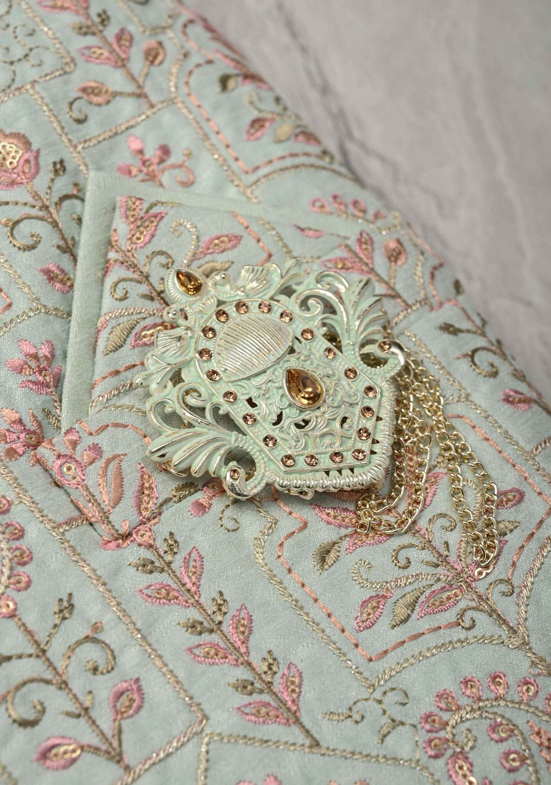 Men's Mint Green Kurta with Embroidered Nehru Jacket and Pajama Set  | Made to Order