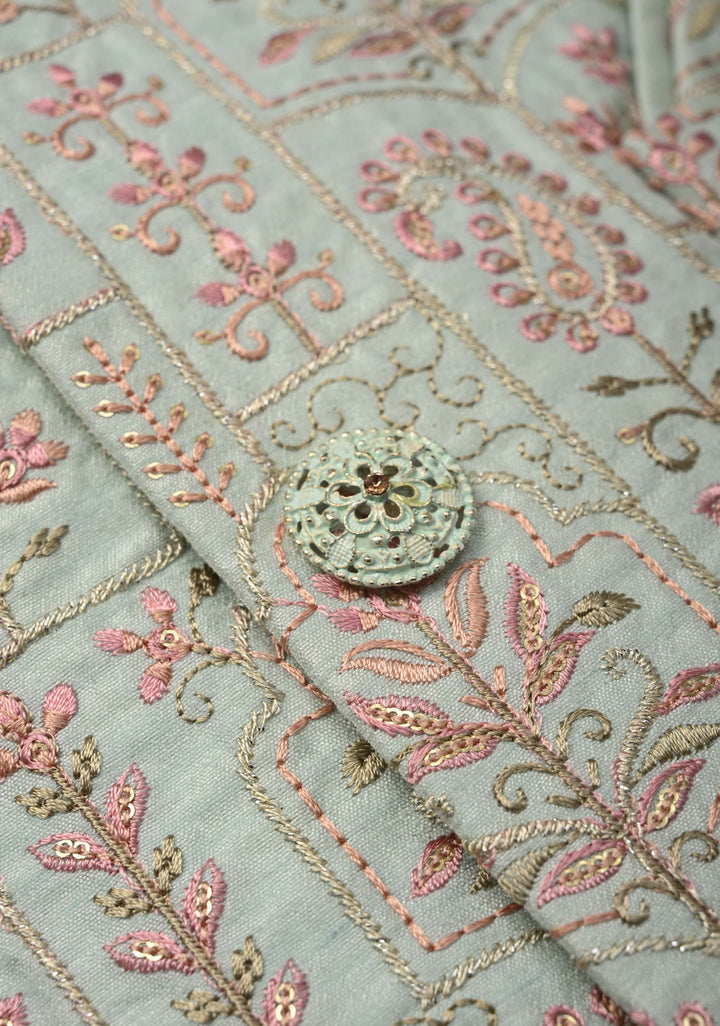 Men's Mint Green Kurta with Embroidered Nehru Jacket and Pajama Set  | Made to Order