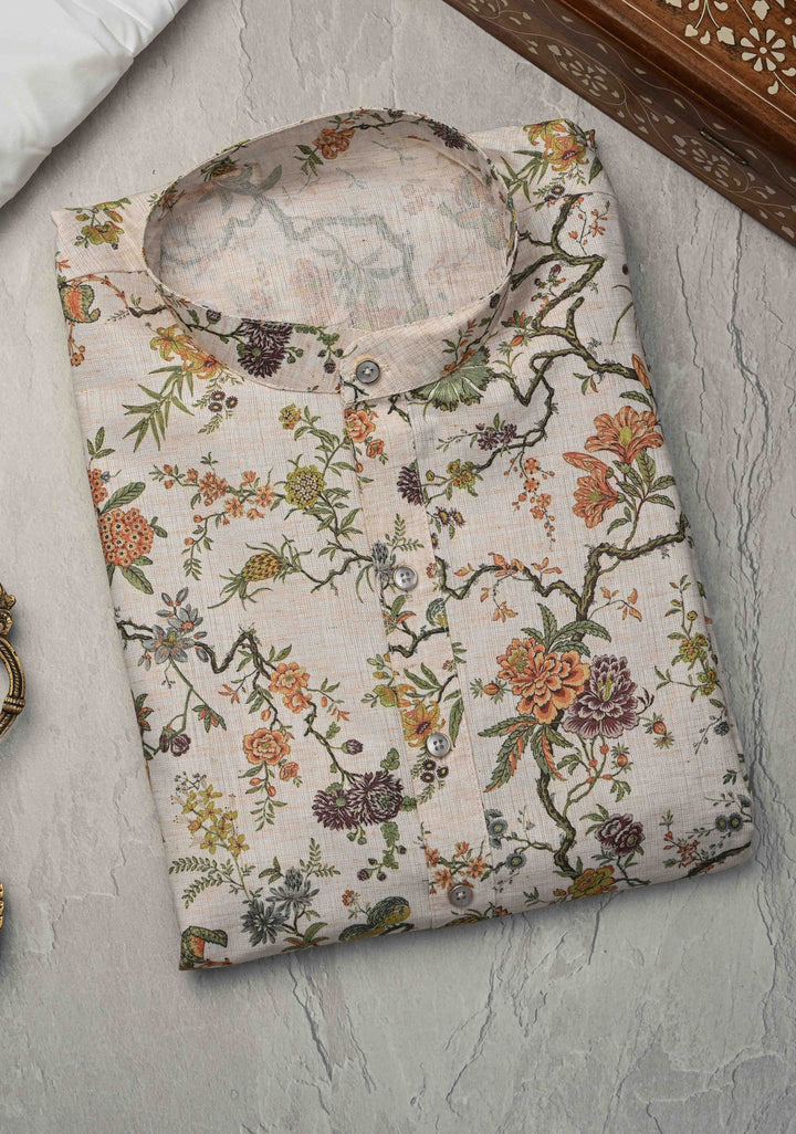 Off white Floral Digital Print Kurta with Pajama Set for Men | Made to Order