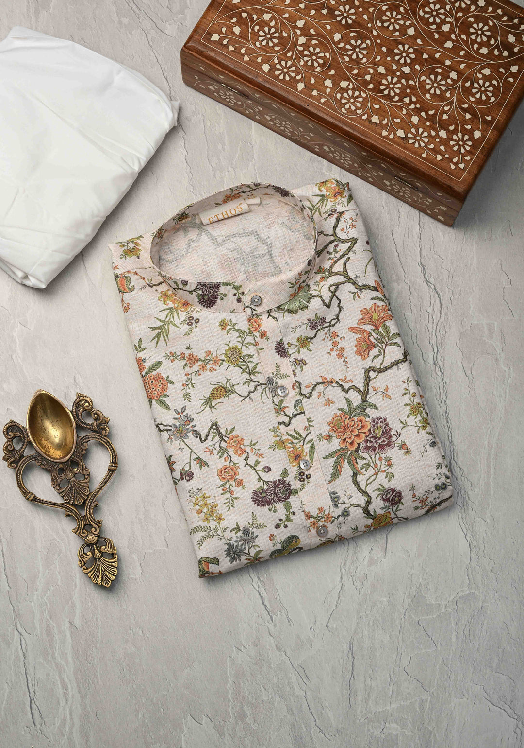 Off white Floral Digital Print Kurta with Pajama Set for Men | Made to Order