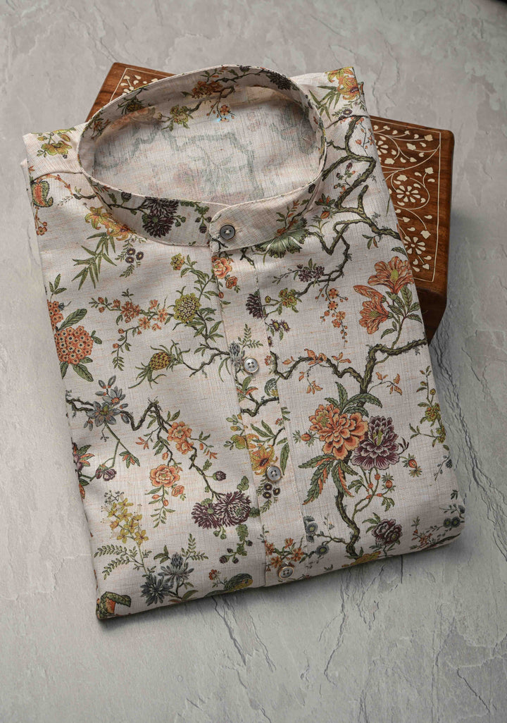 Off white Floral Digital Print Kurta with Pajama Set for Men | Made to Order