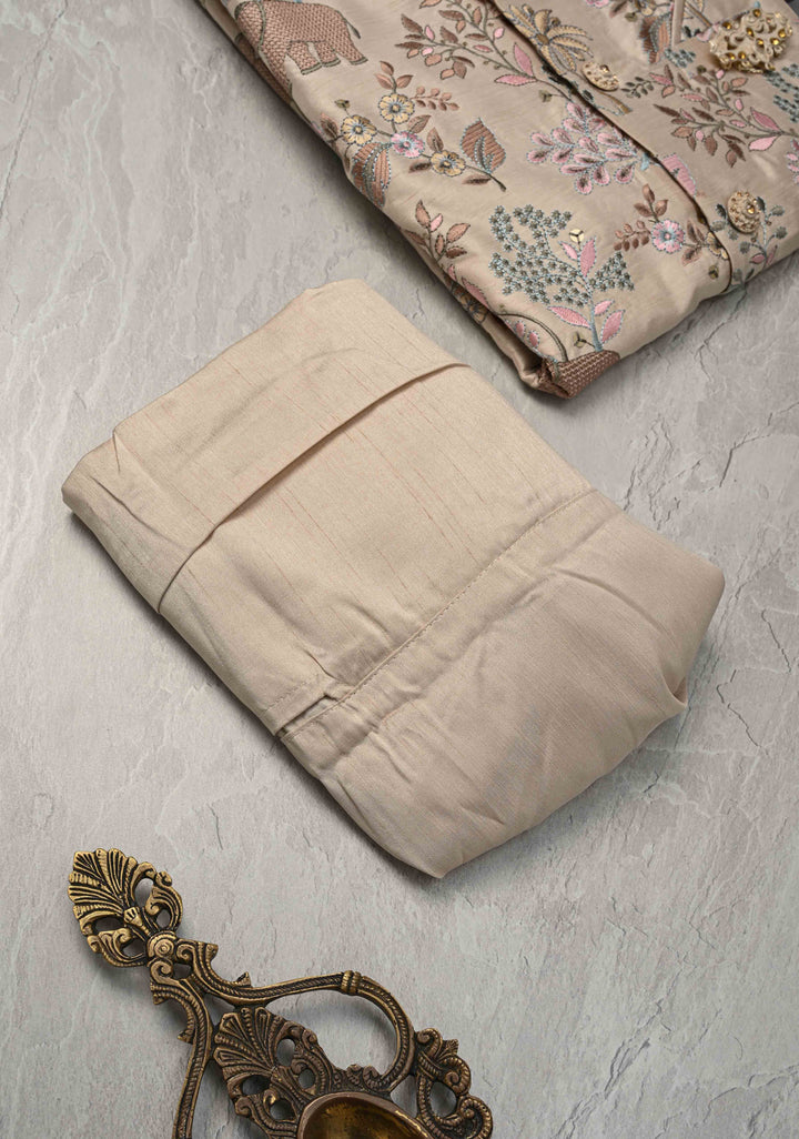 Beige Kurta with Floral and Elephant Embroidery Pajama Set for Men | Made to Order