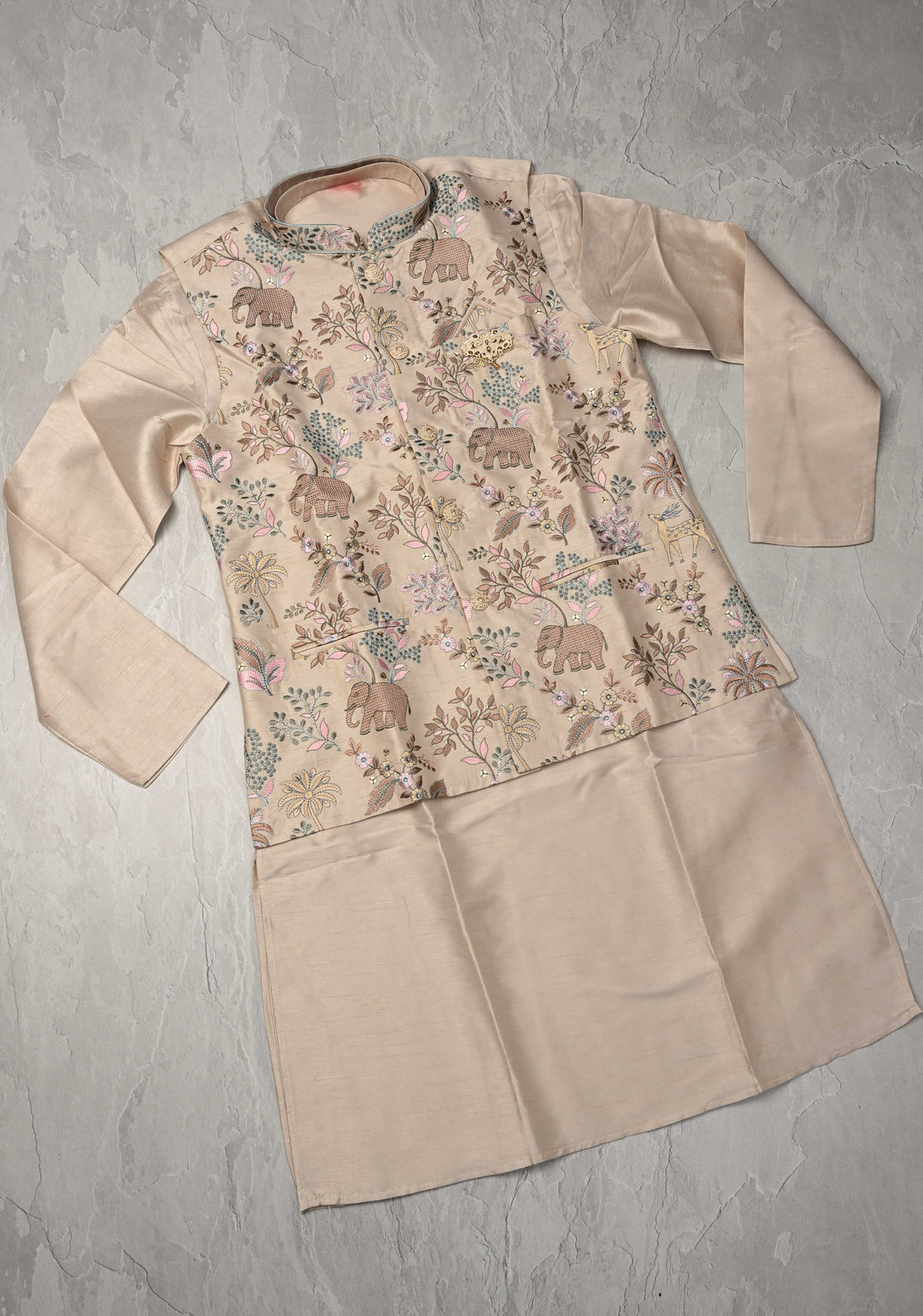 Beige Kurta with Floral and Elephant Embroidery Pajama Set for Men | Made to Order