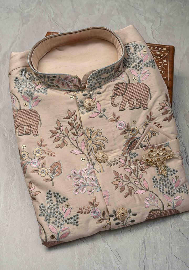 Beige Kurta with Floral and Elephant Embroidery Pajama Set for Men | Made to Order