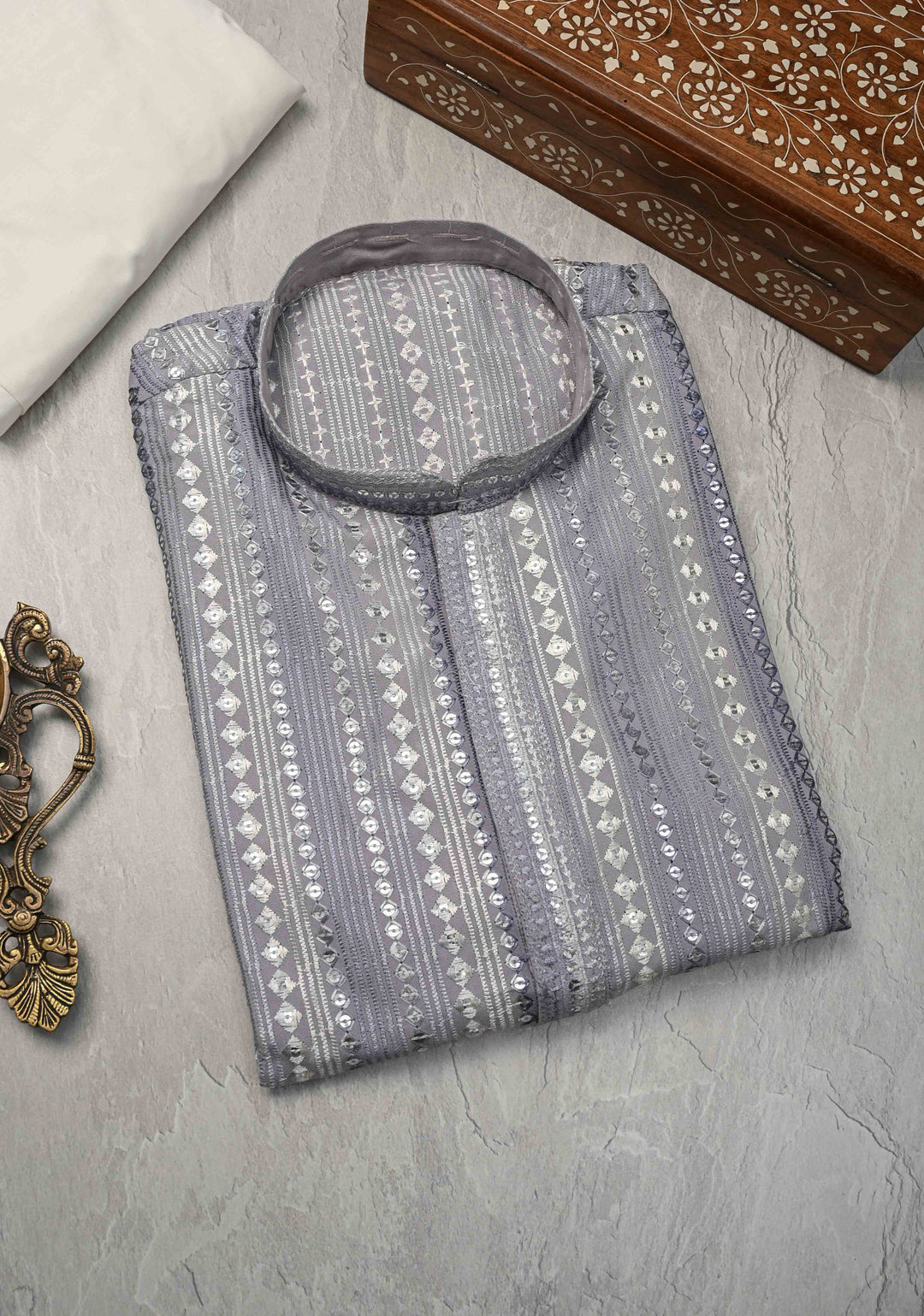 Dusty Lilac Kurta with Brocade and Sequins Pajama Set for Men | Made to Order