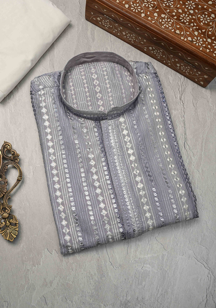 Dusty Lilac Kurta with Brocade and Sequins Pajama Set for Men | Made to Order