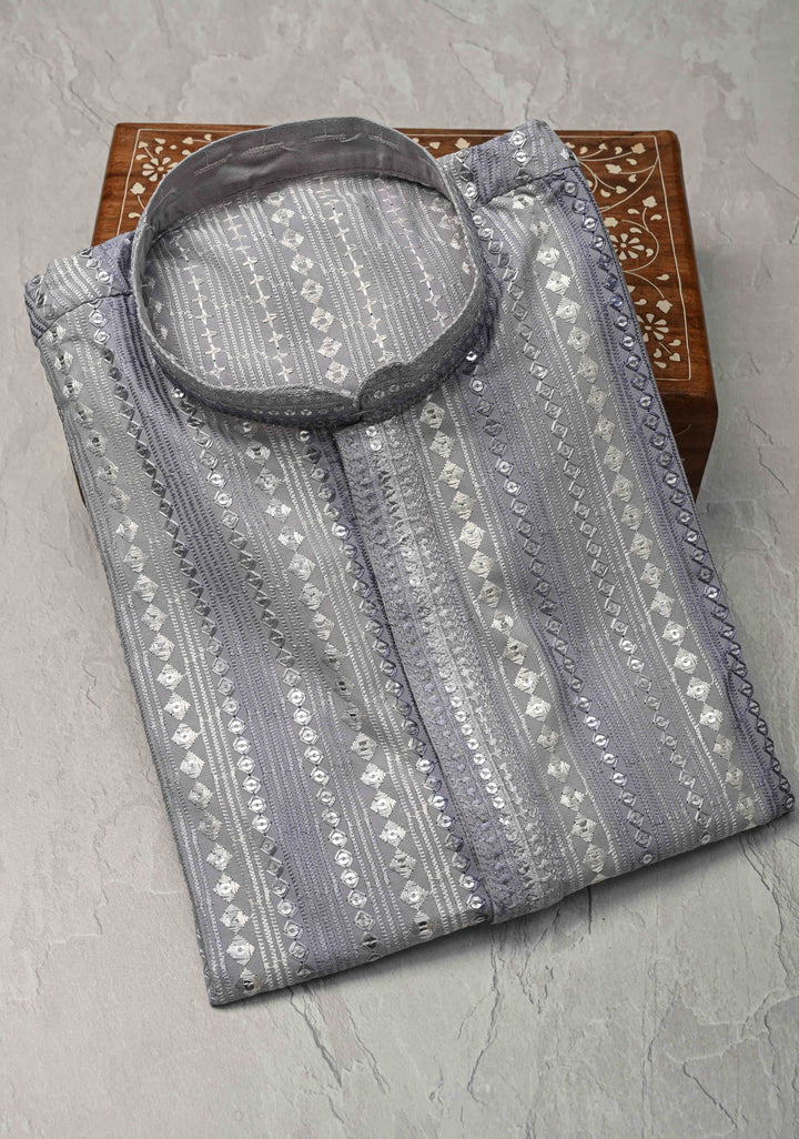 Dusty Lilac Kurta with Brocade and Sequins Pajama Set for Men | Made to Order