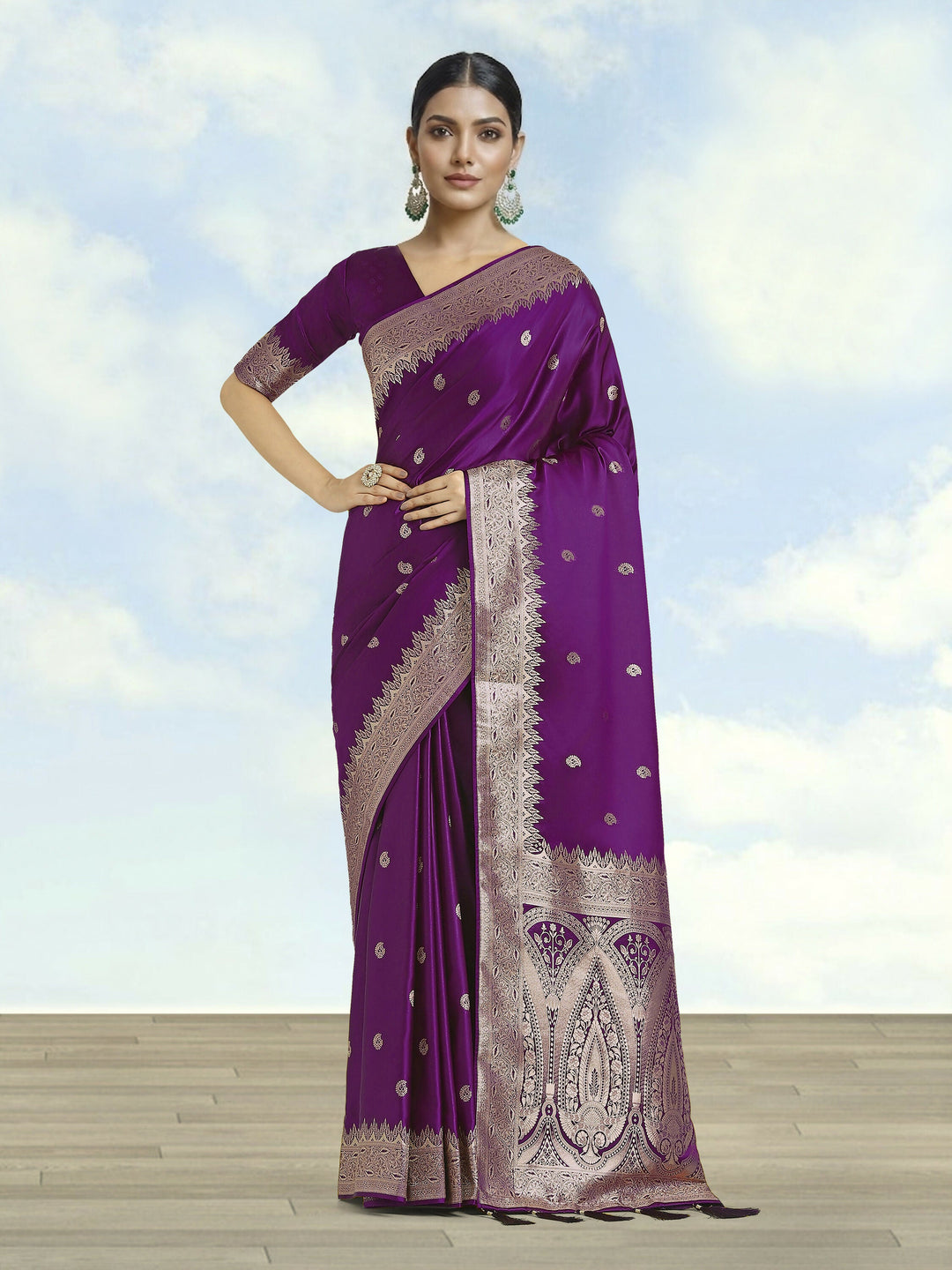Purple Banarasi Satin Silk Saree With Blouse Piece | SHOBITAM