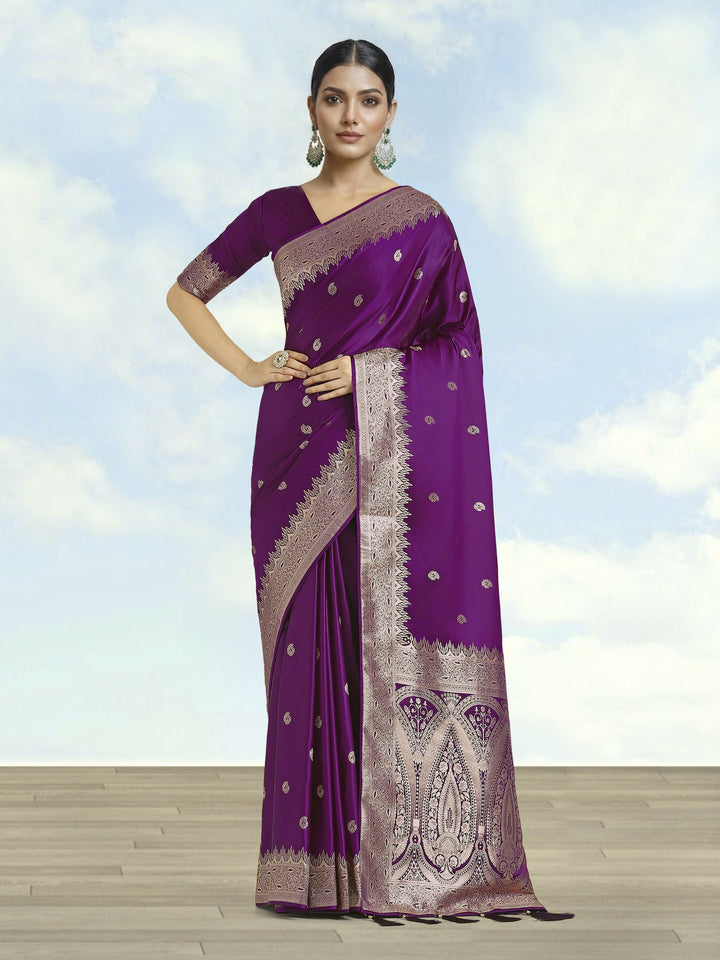 Purple Banarasi Satin Silk Saree With Blouse Piece | SHOBITAM