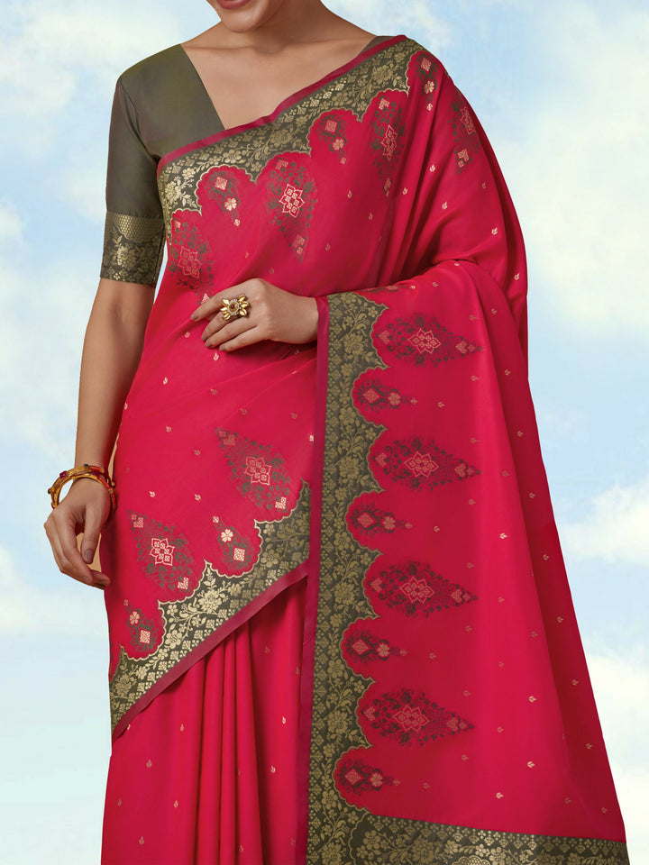 Pink Semi Banarasi Silk Blend Saree with Zari Woven Work | SHOBITAM