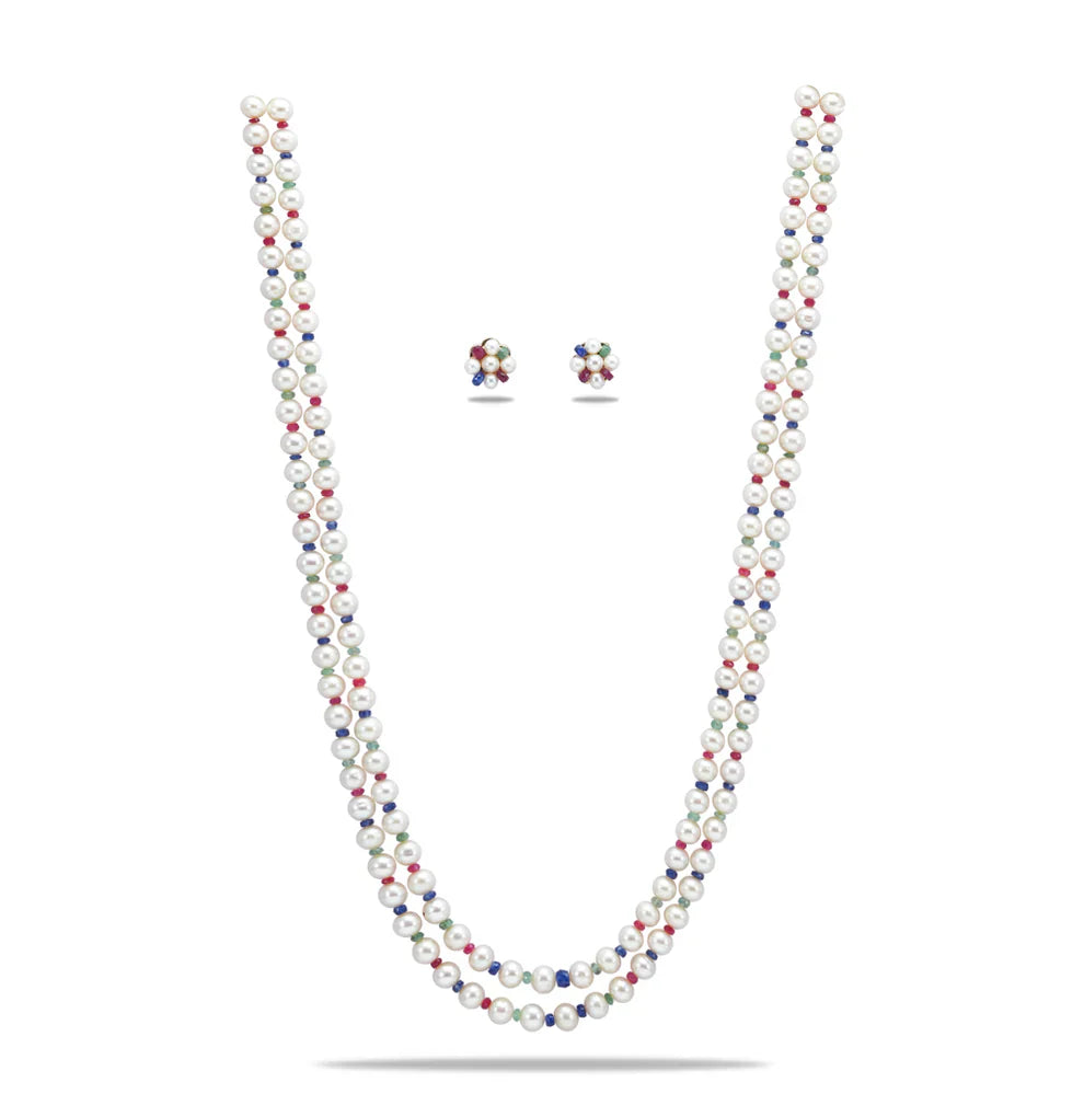 Natural Ruby & Emerald & Sapphire And 6.0-7.0mm Near Round Mix Freshwater Pearl Necklace set-AA Quality