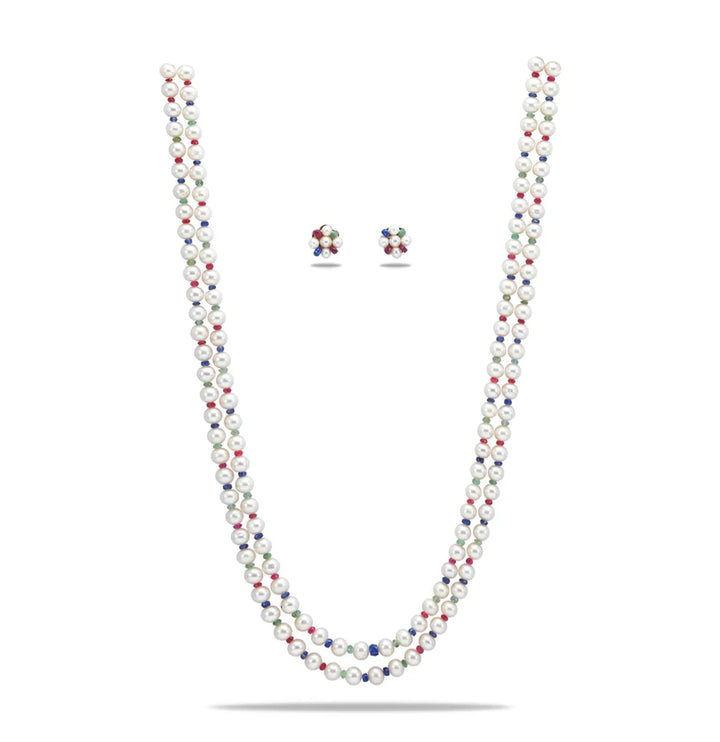 Natural Ruby & Emerald & Sapphire And 6.0-7.0mm Near Round Mix Freshwater Pearl Necklace set-AA Quality