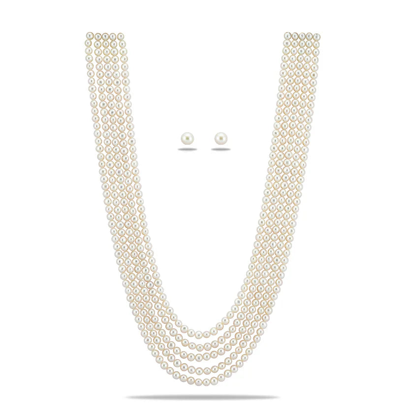 5.0-6.0mm White Button Fancy Freshwater Pearl Necklace Set - AAA Quality | SHOBITAM