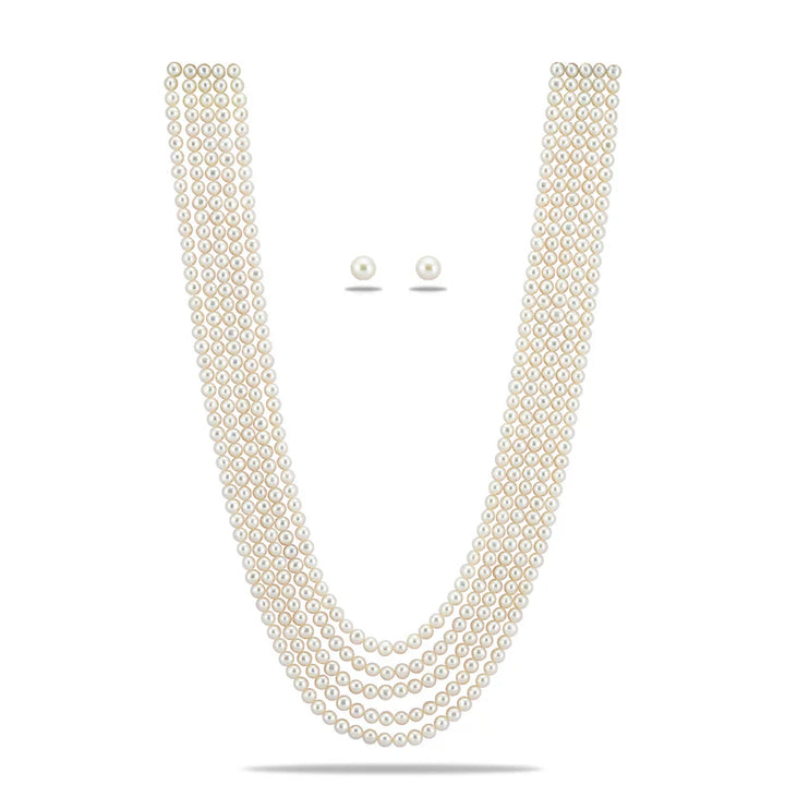 5.0-6.0mm White Button Fancy Freshwater Pearl Necklace Set - AAA Quality | SHOBITAM