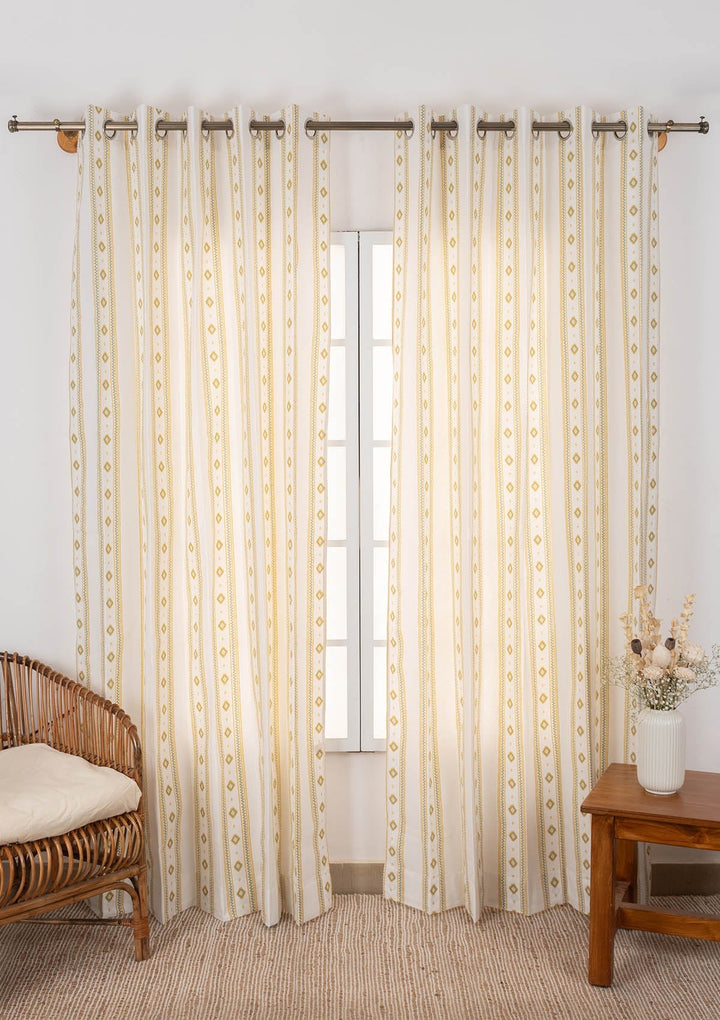 Echo Contemporary Geometric 100% cotton curtain for Living Room and Bedroom- Light Reduction - Yellow - Single Piece | SHOBITAM