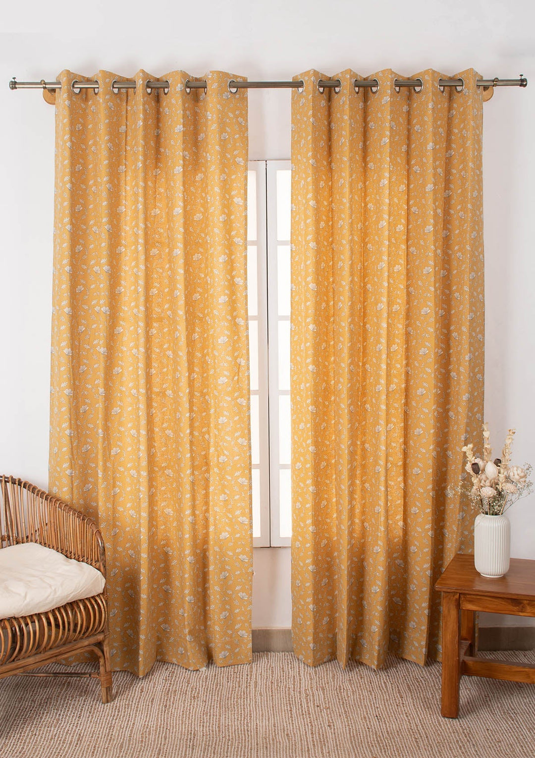 Eden mustard 100% cotton floral curtain for bed room - Room darkening - Single - Single Piece | SHOBITAM