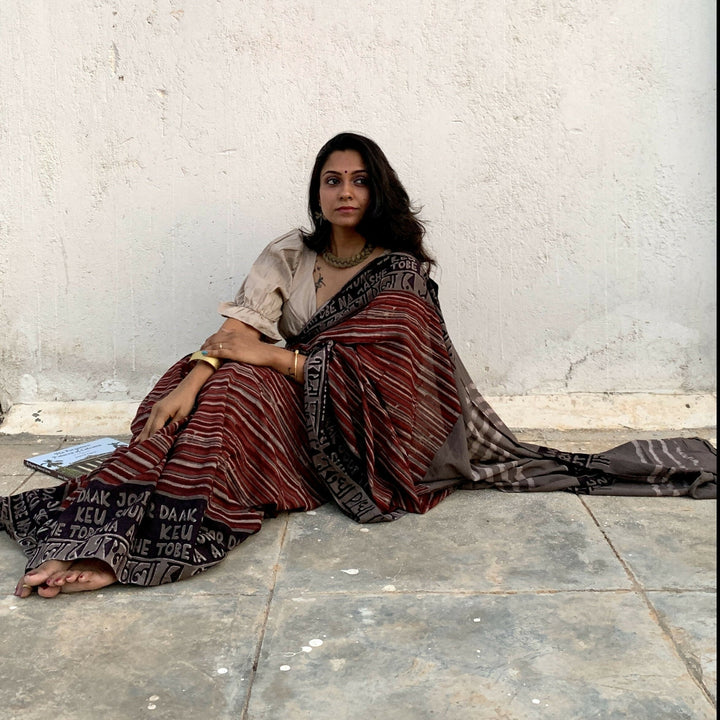 Shayra Dabu Block printed Ekla cholo Saree | SHOBITAM