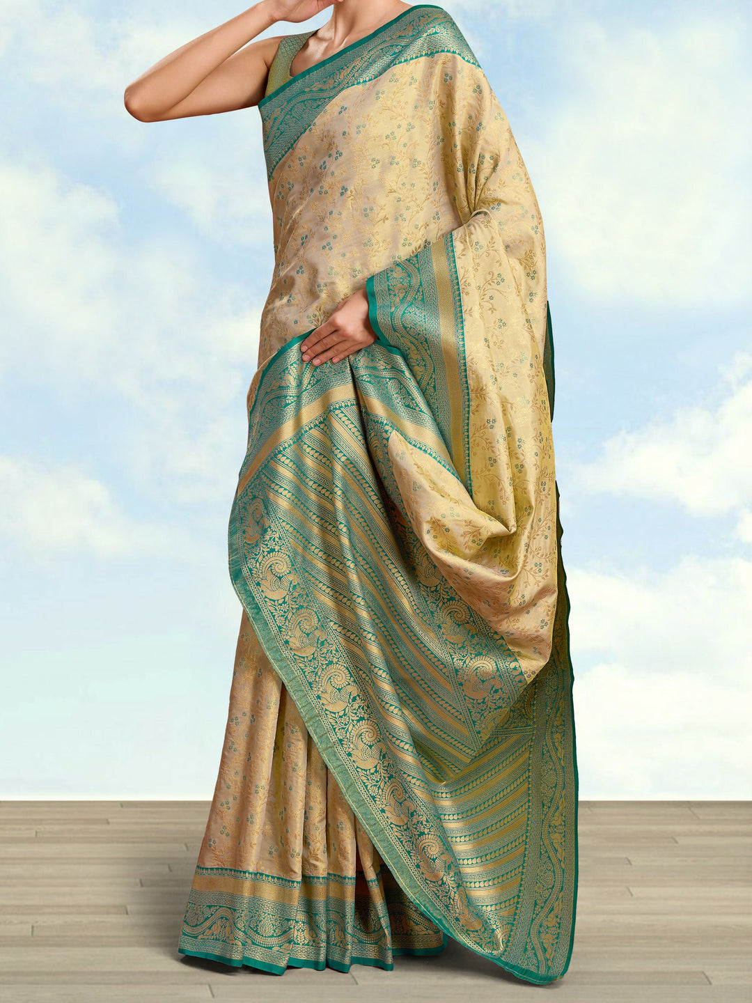 Beige Color Zari Woven Faux Banarasi Tissue Silk Saree | SHOBITAM