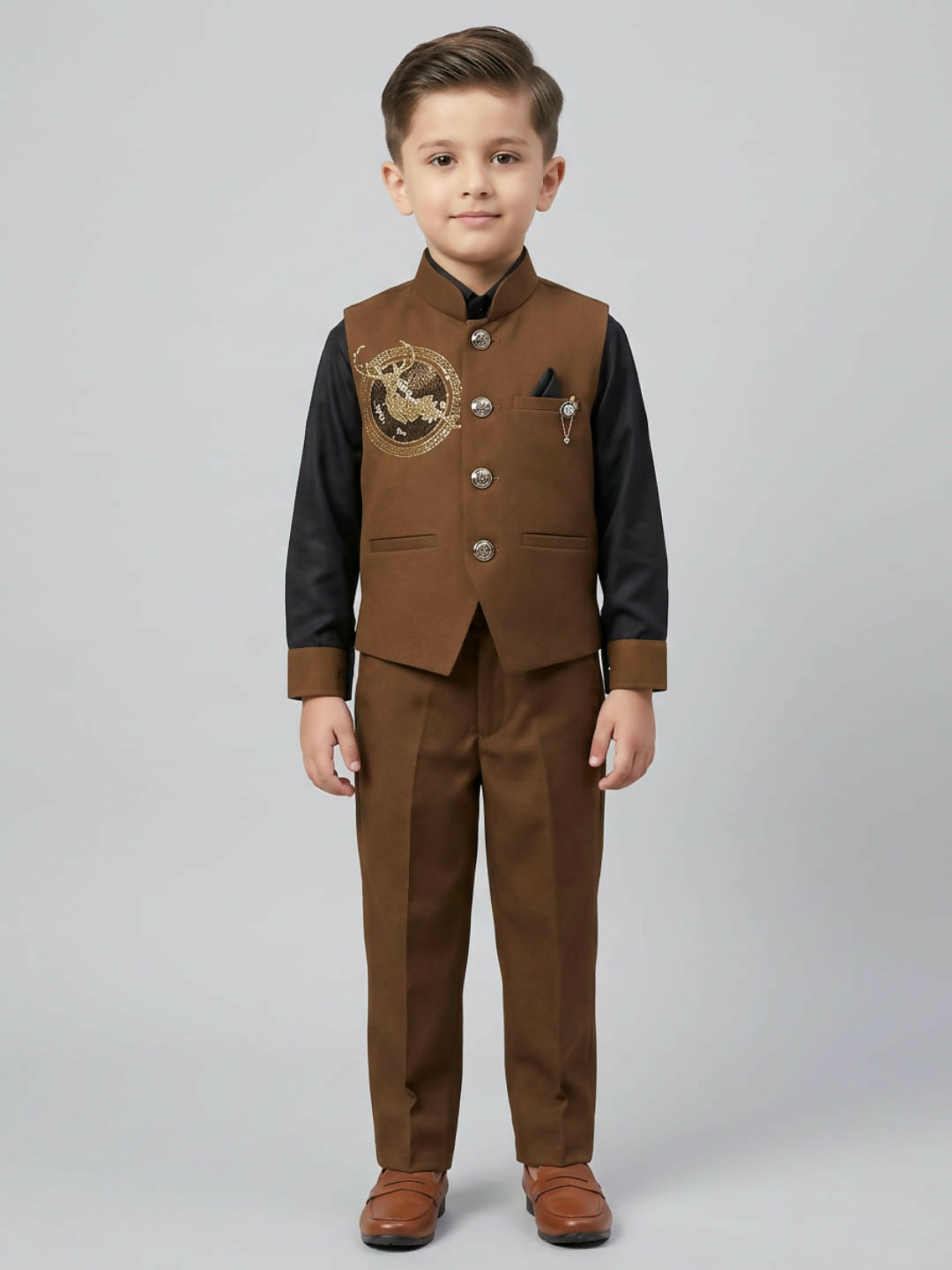 Boys Ethnic Brown & Black Waistcoat Suit Set with Shirt and Trousers | SHOBITAM
