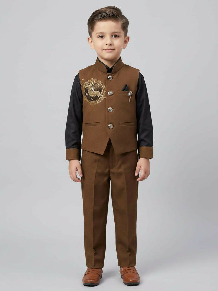 Boys Ethnic Brown & Black Waistcoat Suit Set with Shirt and Trousers | SHOBITAM