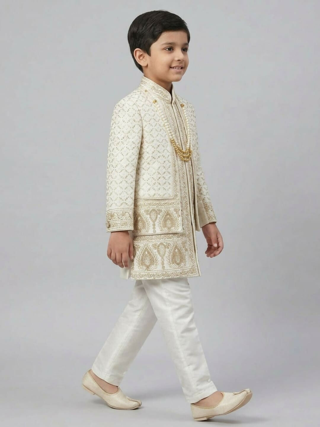 Boys Embroidered Off White Indo-Western Sherwani Set with Jacket | SHOBITAM