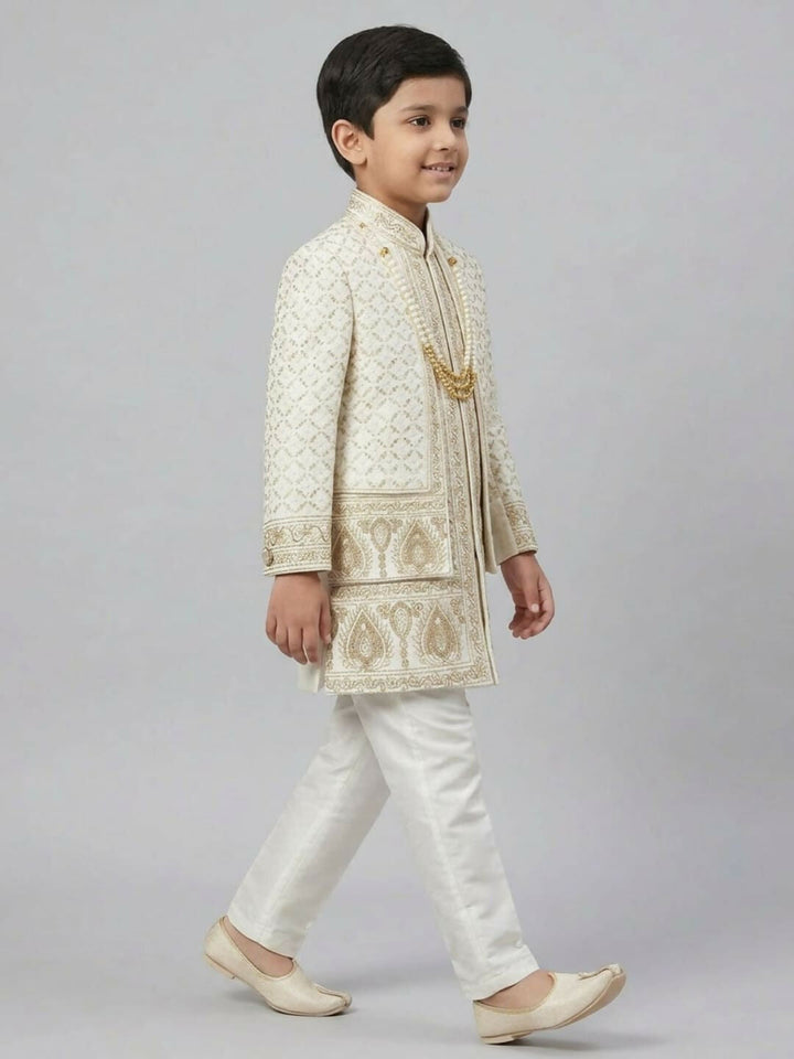 Boys Embroidered Off White Indo-Western Sherwani Set with Jacket | SHOBITAM