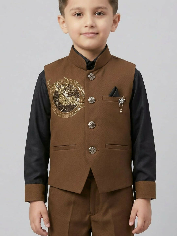 Boys Ethnic Brown & Black Waistcoat Suit Set with Shirt and Trousers | SHOBITAM