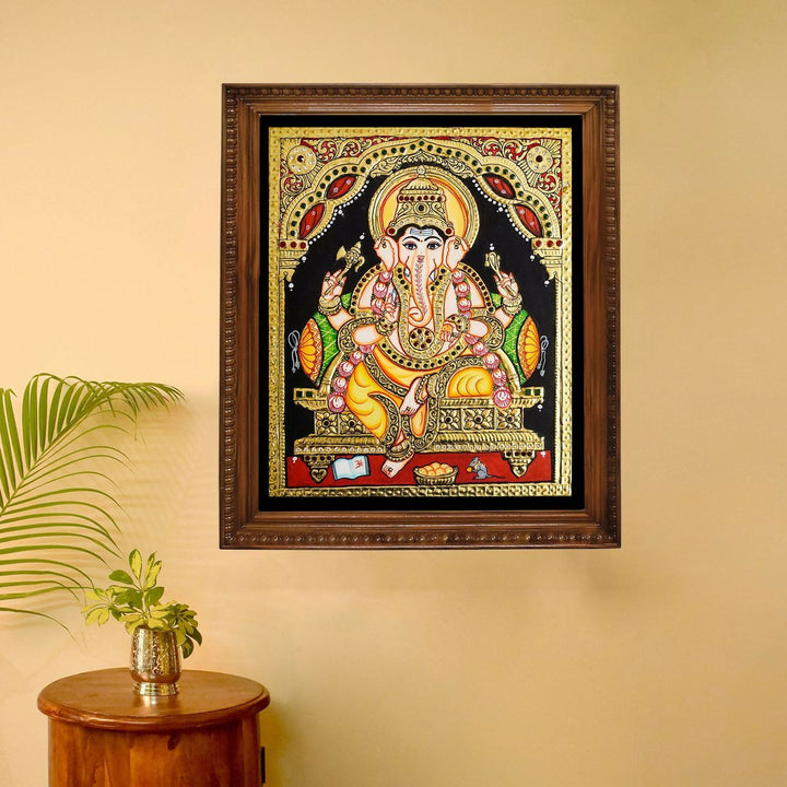 12x10" Ganesha Tanjore Painting, Authentic with 22 Ct Gold Foil and Jaipur Gemstones, Unframed | SHOBITAM