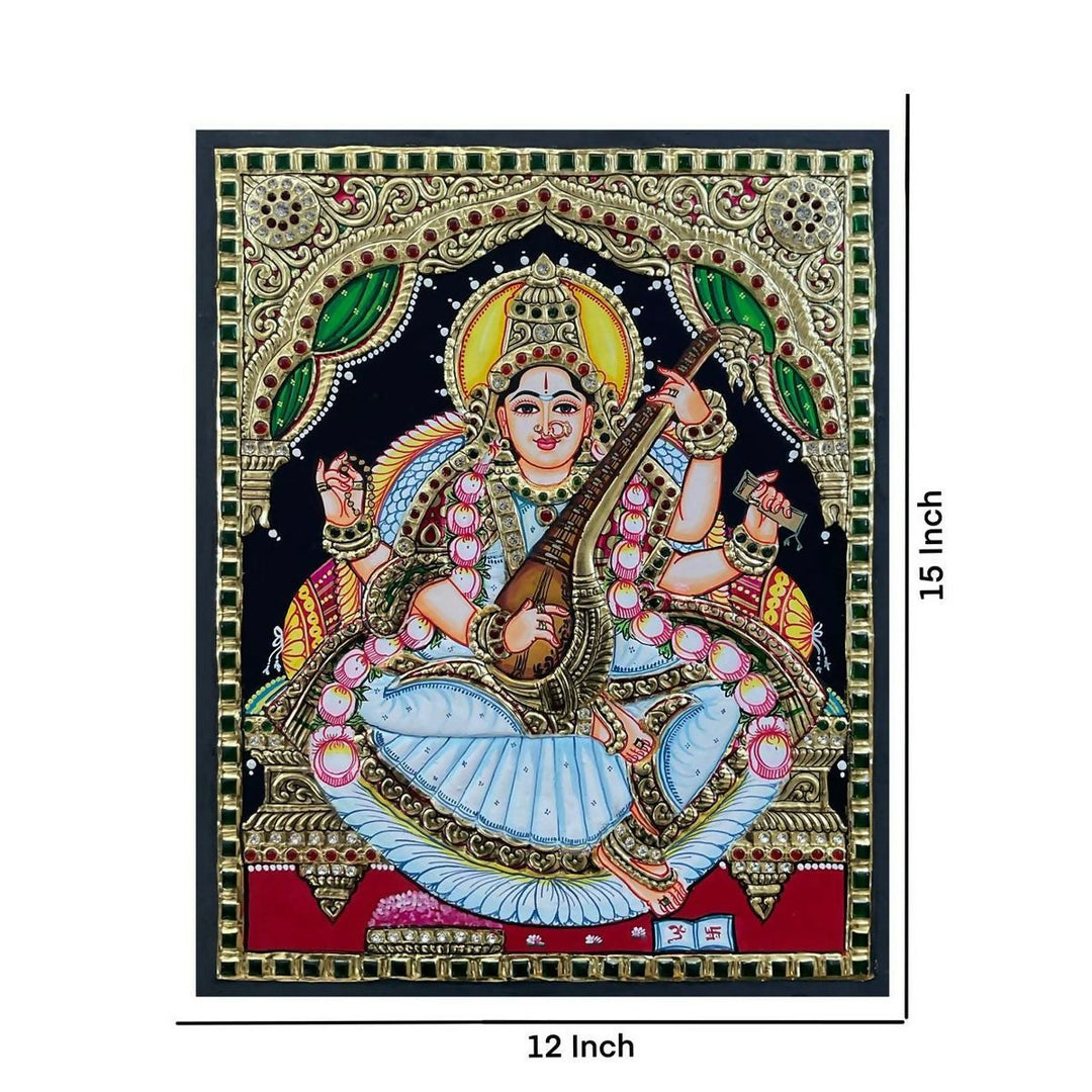 15*12" Saraswathi Tanjore Painting Authentic with 22 Ct Gold Foil and Jaipur Gemstones, Unframed | SHOBITAM