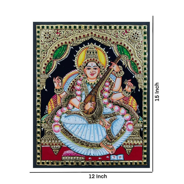 15*12" Saraswathi Tanjore Painting Authentic with 22 Ct Gold Foil and Jaipur Gemstones, Unframed | SHOBITAM