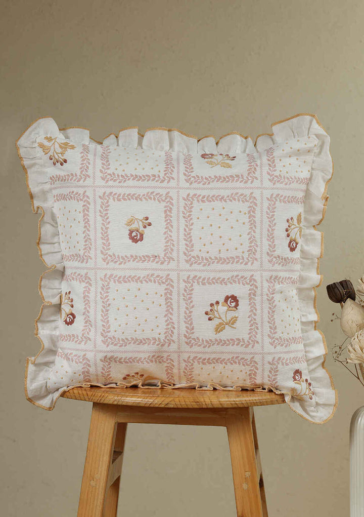 Elora Pink Embroidered 100% Cotton Cushion Cover For Sofa | SHOBITAM