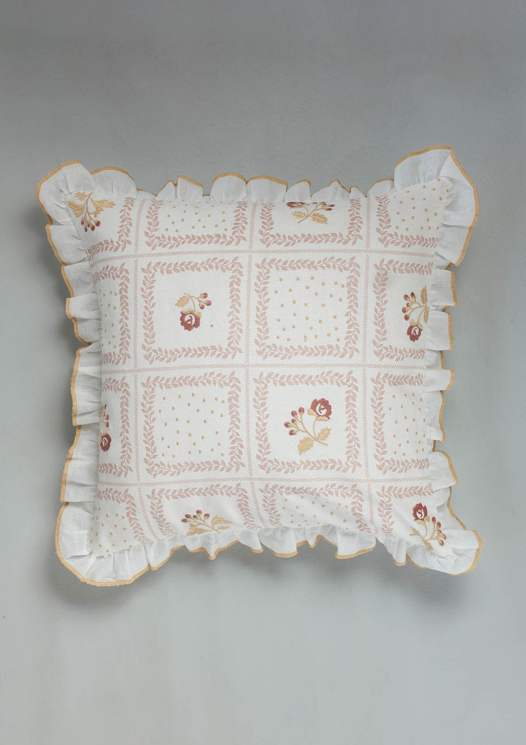 Elora Pink Embroidered 100% Cotton Cushion Cover For Sofa | SHOBITAM