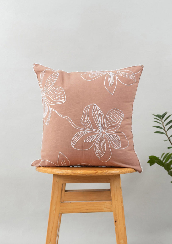 Embrose Floral Embroidered Rust Cushion Cover for Sofa– 100% Cotton 16" x 16" | SHOBITAM