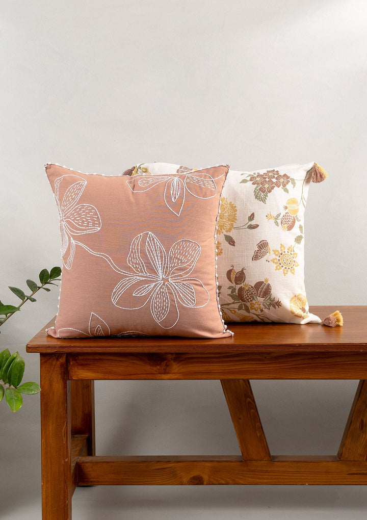 Embrose Floral Embroidered Rust Cushion Cover for Sofa– 100% Cotton 16" x 16" | SHOBITAM