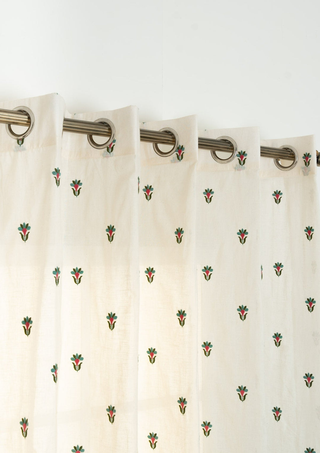 Emerald floral Embroidered 100% cotton Sheer Curtain for living room - Light filtering - Rose Pink and Pepper Green - Single Piece | SHOBITAM