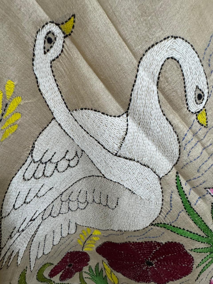 Enchanted Lake Whooper Swan-Lotus : Intricate Hand Kantha on Pure Tussar Silk Saree | SILK MARK CERTIFIED | SHOBITAM