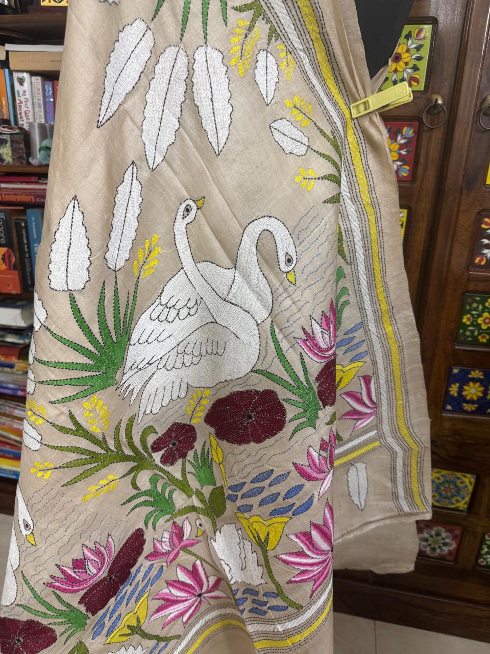 Enchanted Lake Whooper Swan-Lotus : Intricate Hand Kantha on Pure Tussar Silk Saree | SILK MARK CERTIFIED | SHOBITAM