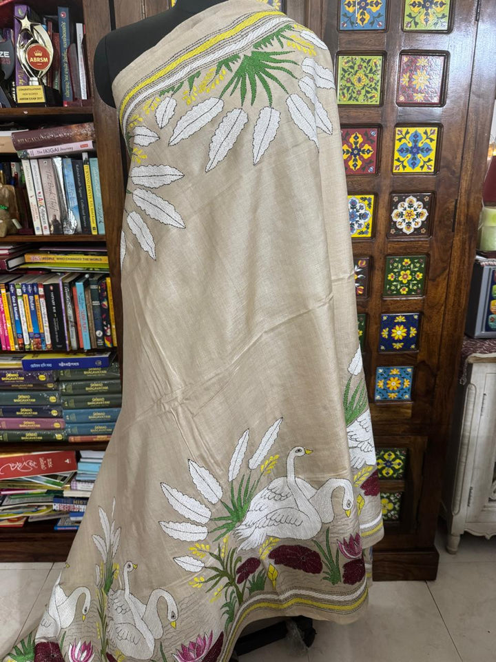 Enchanted Lake Whooper Swan-Lotus : Intricate Hand Kantha on Pure Tussar Silk Saree | SILK MARK CERTIFIED | SHOBITAM