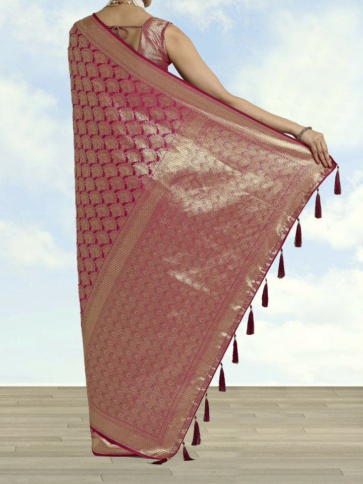 Dark Pink Banarasi Satin Silk Zari Weaving Work Saree | SHOBITAM