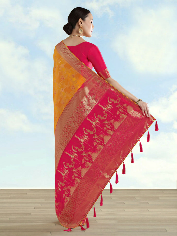 Orange Banarasi Semi Silk Saree With Zari Woven Design | SHOBITAM