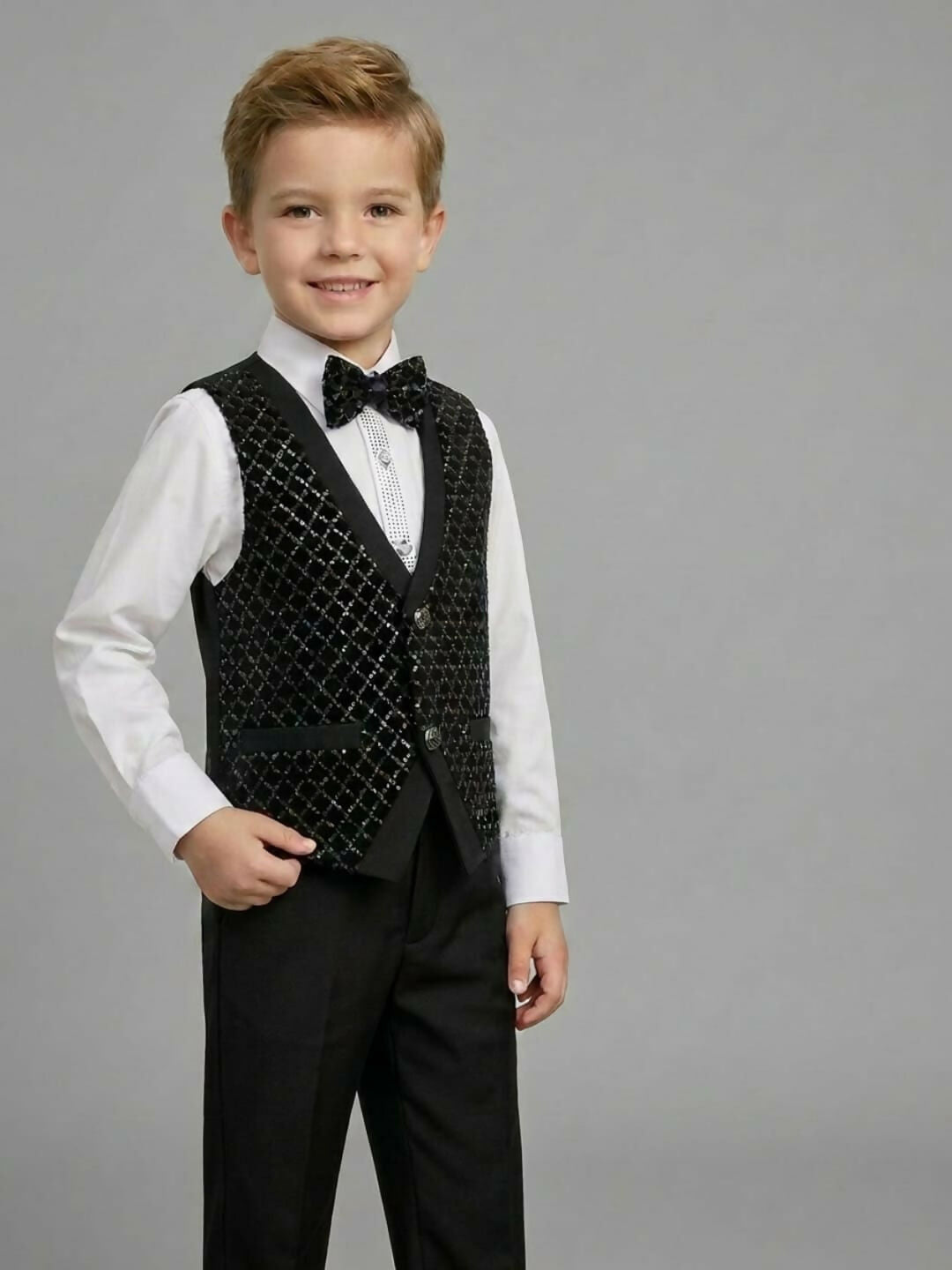 Boys Formal Black Waistcoat Suit Set with Shirt, Trousers and Bow Tie | SHOBITAM