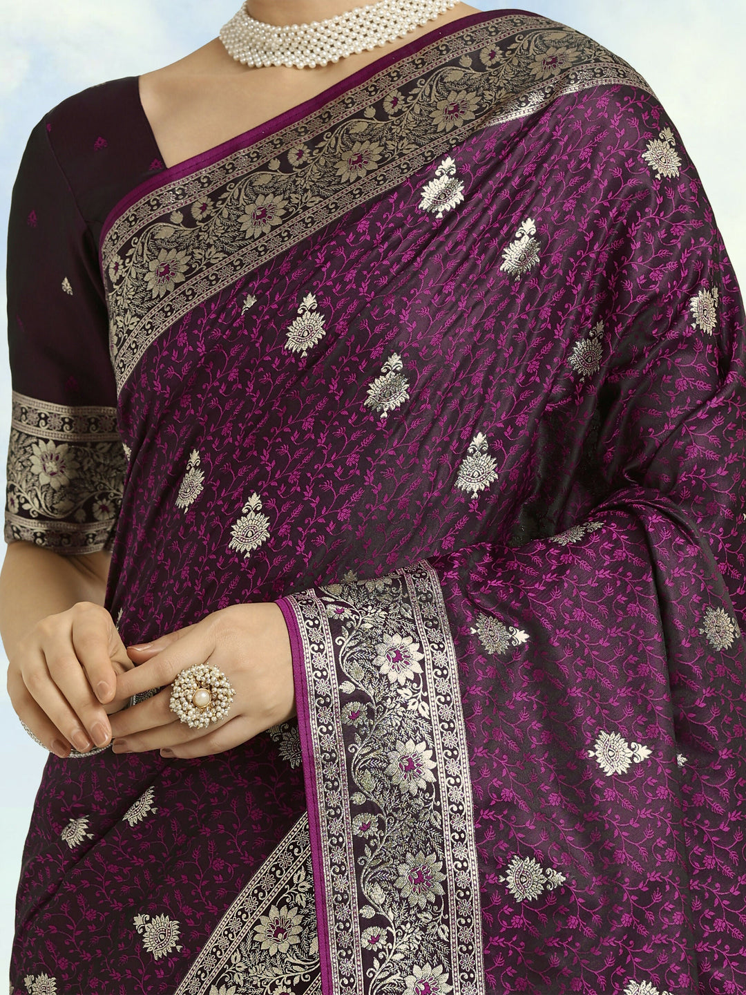 Wine Banarasi Satin Silk Saree | SHOBITAM