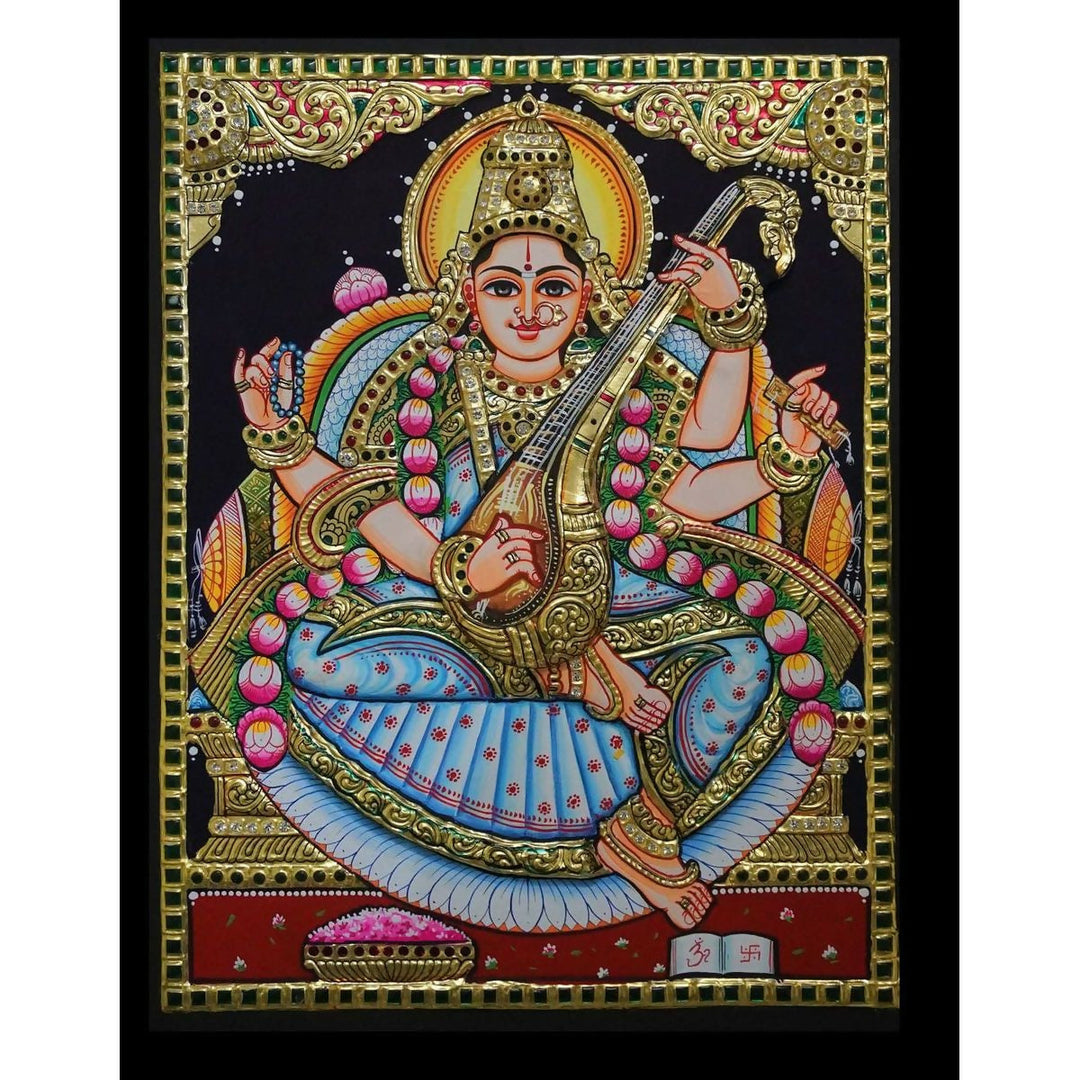 14*18 Authentic TANJORE PAINTING SARASWATHI With 22 Ct gold Foil and Jaipur Gemstones,Unframed | SHOBITAM