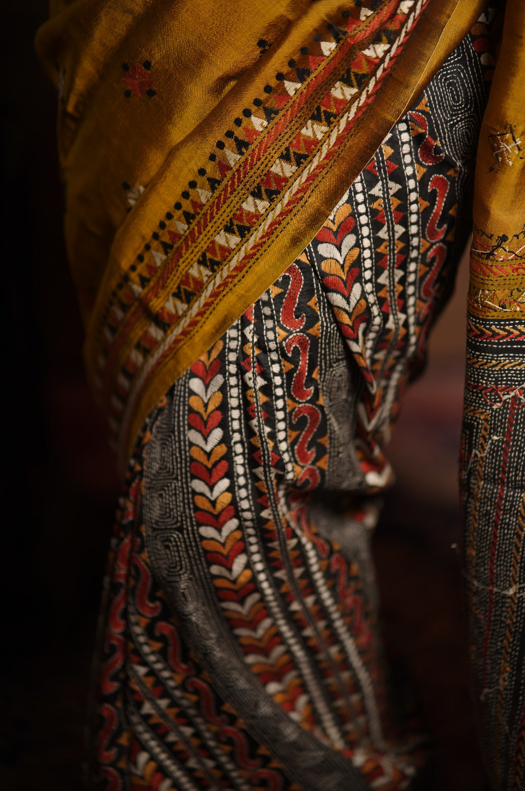 Exotic Patli Pallu Pure Katan Silk Saree in Moss Methi Yellow with Full Hand Embroidery and Intricate Animal Design on Pallu | SILK MARK CERTIFIED | SHOBITAM