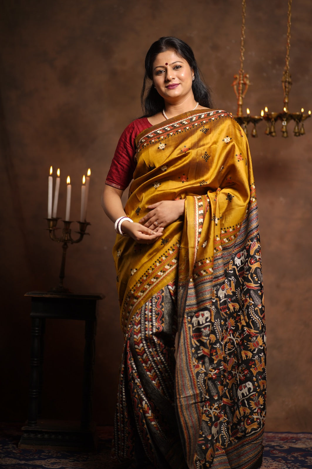 Exotic Patli Pallu Pure Katan Silk Saree in Moss Methi Yellow with Full Hand Embroidery and Intricate Animal Design on Pallu | SILK MARK CERTIFIED | SHOBITAM