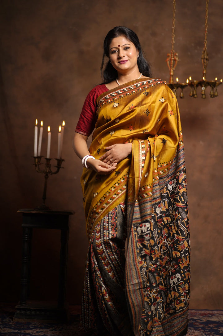 Exotic Patli Pallu Pure Katan Silk Saree in Moss Methi Yellow with Full Hand Embroidery and Intricate Animal Design on Pallu | SILK MARK CERTIFIED | SHOBITAM