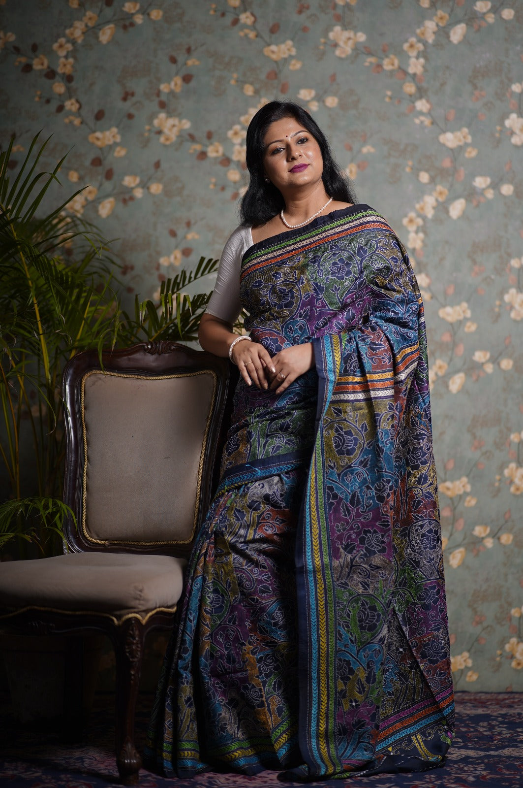 Exotic Reverse Kantha Hand Embroidery on Pure Bangalore Silk Saree in Midnight Blue with Anchor Thread | SILK MARK CERTIFIED | SHOBITAM