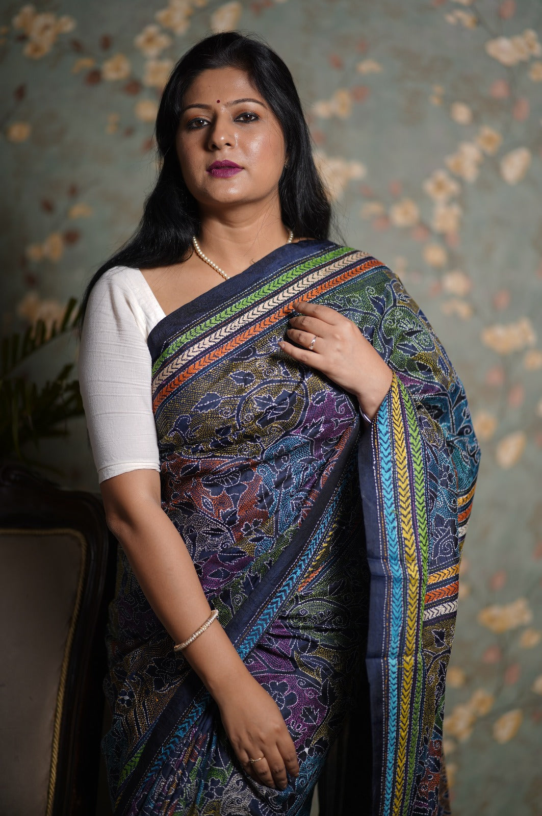 Exotic Reverse Kantha Hand Embroidery on Pure Bangalore Silk Saree in Midnight Blue with Anchor Thread | SILK MARK CERTIFIED | SHOBITAM